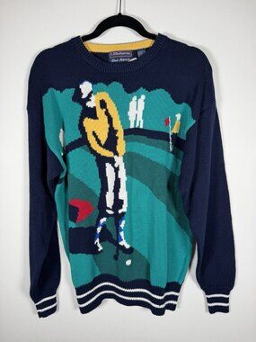 NEW Vintage 90s Deadstock CE Hathaway hand intarsia golf preppy crew sweater L